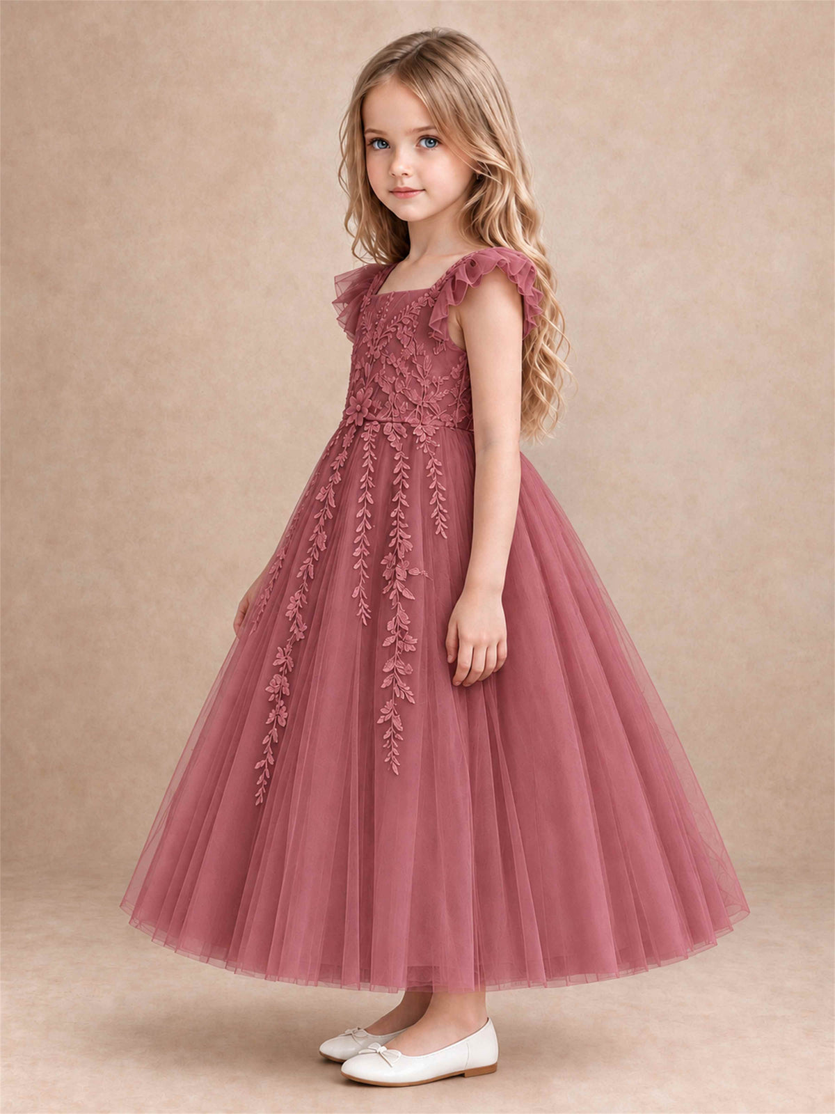 Girls Lace Tulle Flower Girl Dress Square Neck Ruffle Sleeve Princess Gown for Wedding First Communion