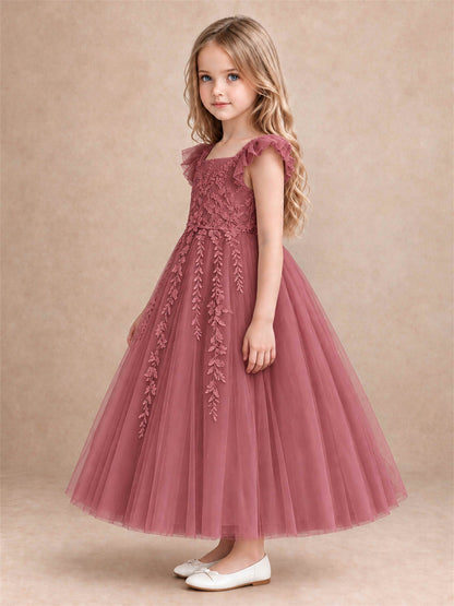Girls Lace Tulle Flower Girl Dress Square Neck Ruffle Sleeve Princess Gown for Wedding First Communion