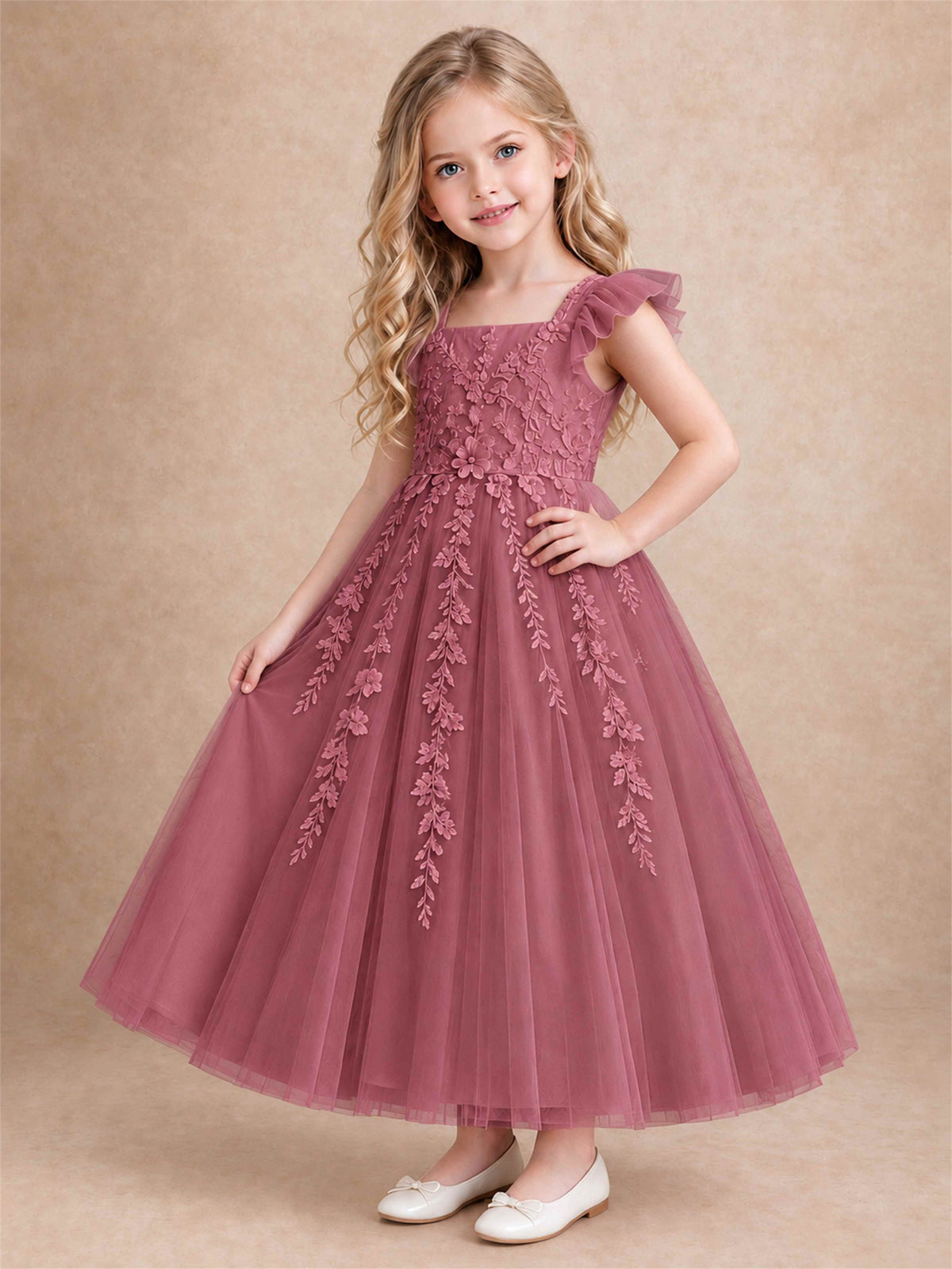 Girls Lace Tulle Flower Girl Dress Square Neck Ruffle Sleeve Princess Gown for Wedding First Communion