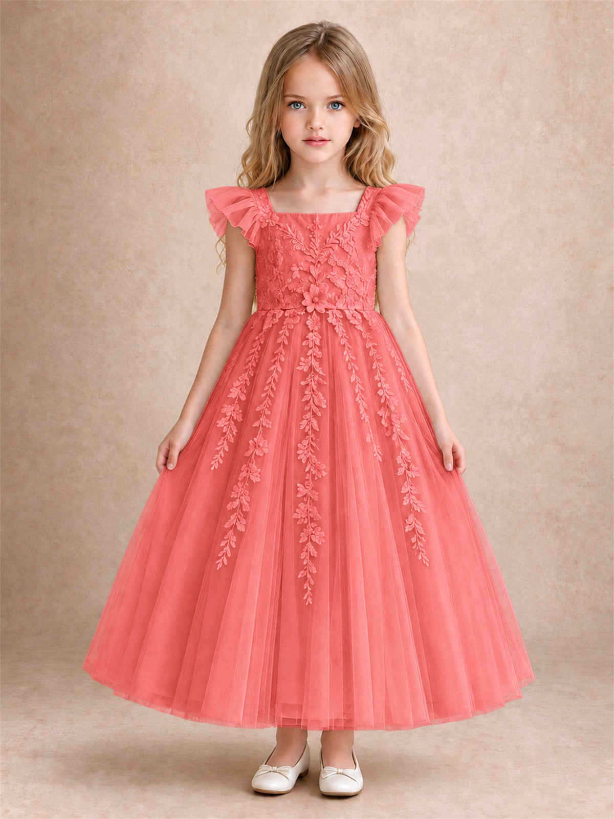 Girls Lace Tulle Flower Girl Dress Square Neck Ruffle Sleeve Princess Gown for Wedding First Communion
