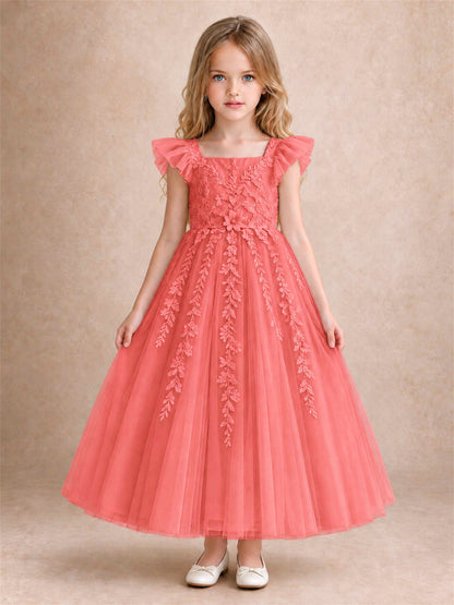 Girls Lace Tulle Flower Girl Dress Square Neck Ruffle Sleeve Princess Gown for Wedding First Communion