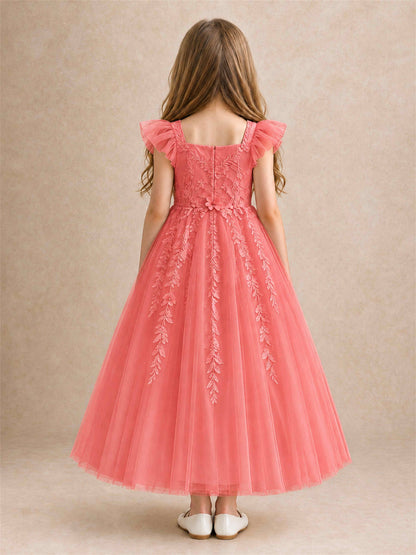 Girls Lace Tulle Flower Girl Dress Square Neck Ruffle Sleeve Princess Gown for Wedding First Communion