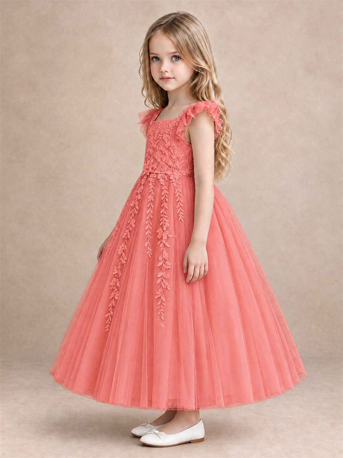 Girls Lace Tulle Flower Girl Dress Square Neck Ruffle Sleeve Princess Gown for Wedding First Communion