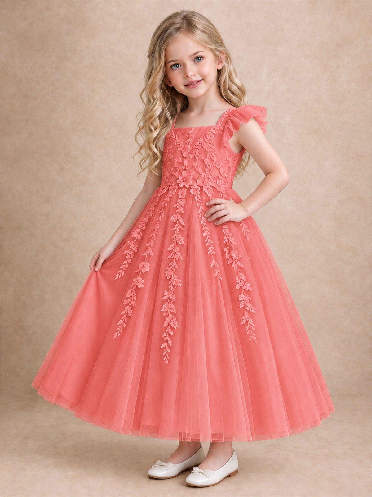 Girls Lace Tulle Flower Girl Dress Square Neck Ruffle Sleeve Princess Gown for Wedding First Communion