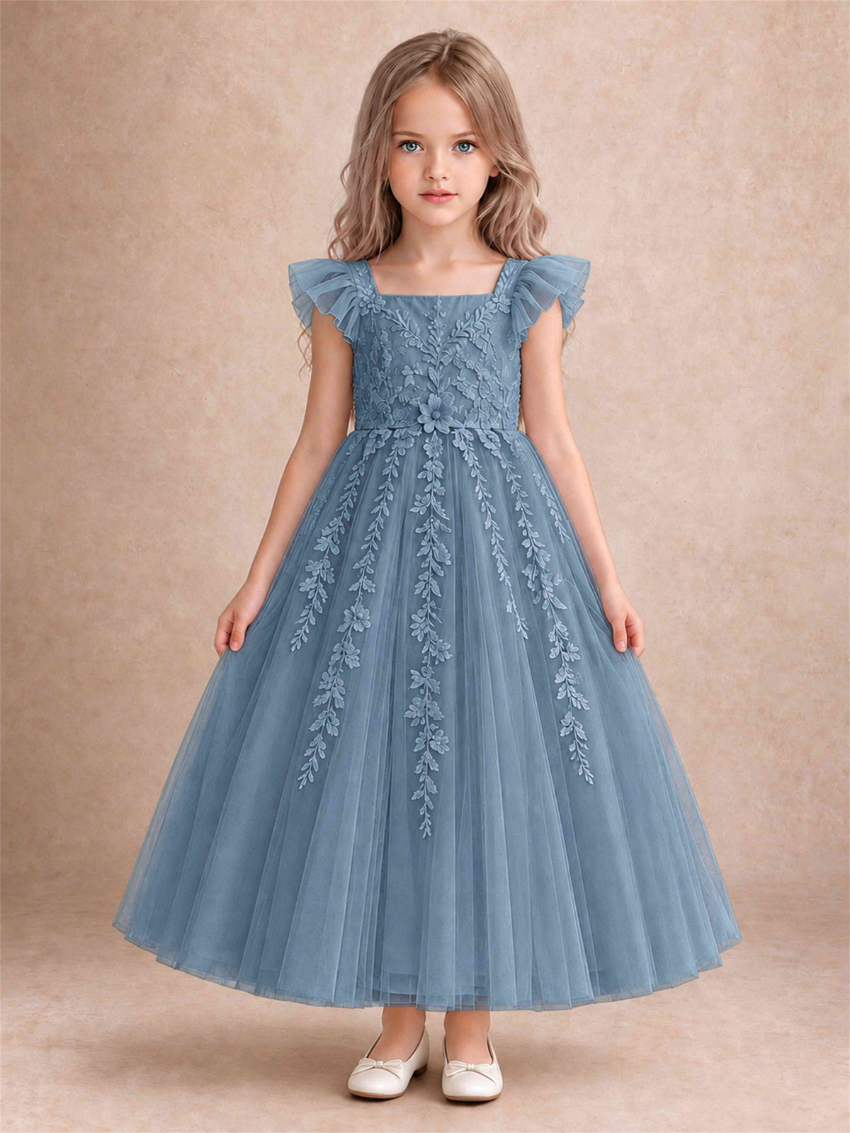 Girls Lace Tulle Flower Girl Dress Square Neck Ruffle Sleeve Princess Gown for Wedding First Communion