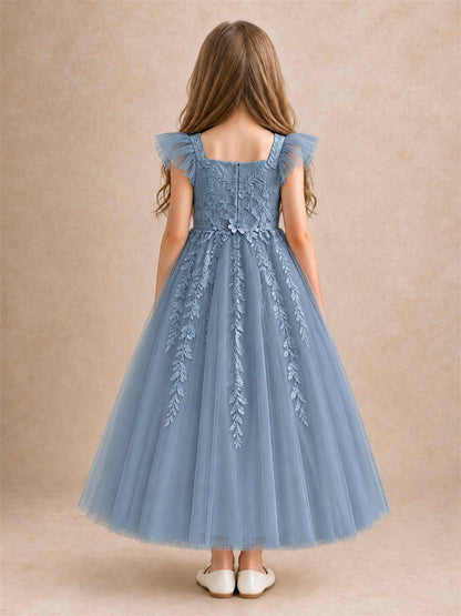 Girls Lace Tulle Flower Girl Dress Square Neck Ruffle Sleeve Princess Gown for Wedding First Communion