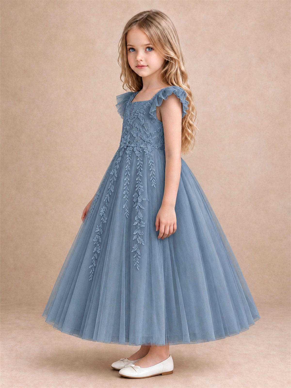 Girls Lace Tulle Flower Girl Dress Square Neck Ruffle Sleeve Princess Gown for Wedding First Communion
