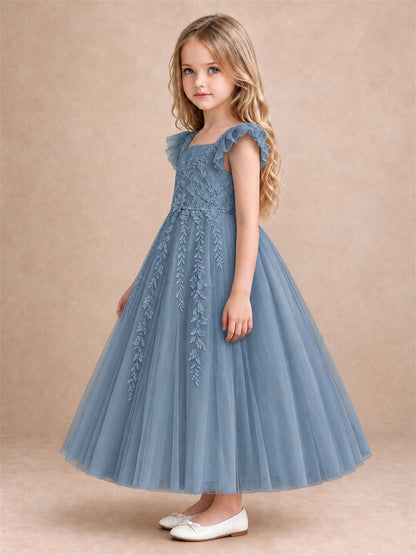 Girls Lace Tulle Flower Girl Dress Square Neck Ruffle Sleeve Princess Gown for Wedding First Communion