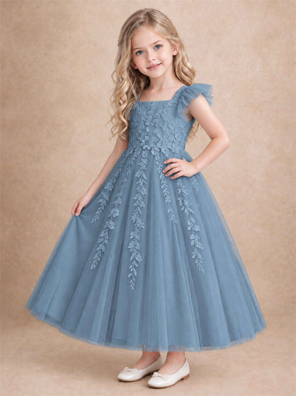 Girls Lace Tulle Flower Girl Dress Square Neck Ruffle Sleeve Princess Gown for Wedding First Communion