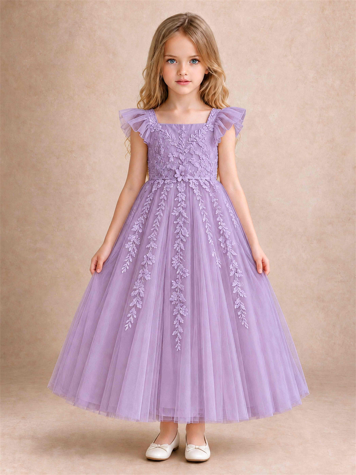 Girls Lace Tulle Flower Girl Dress Square Neck Ruffle Sleeve Princess Gown for Wedding First Communion