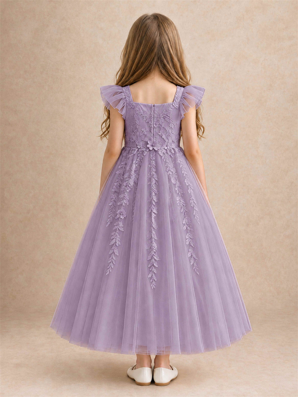 Girls Lace Tulle Flower Girl Dress Square Neck Ruffle Sleeve Princess Gown for Wedding First Communion