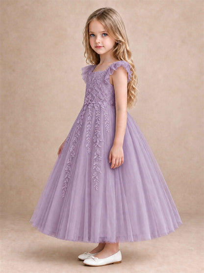 Girls Lace Tulle Flower Girl Dress Square Neck Ruffle Sleeve Princess Gown for Wedding First Communion