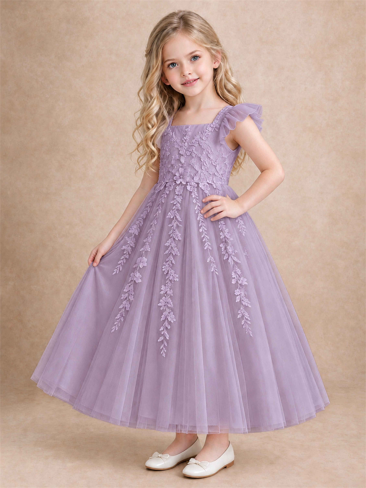 Girls Lace Tulle Flower Girl Dress Square Neck Ruffle Sleeve Princess Gown for Wedding First Communion