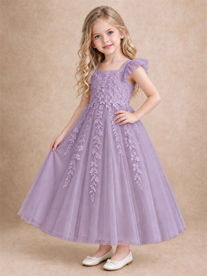 Girls Lace Tulle Flower Girl Dress Square Neck Ruffle Sleeve Princess Gown for Wedding First Communion