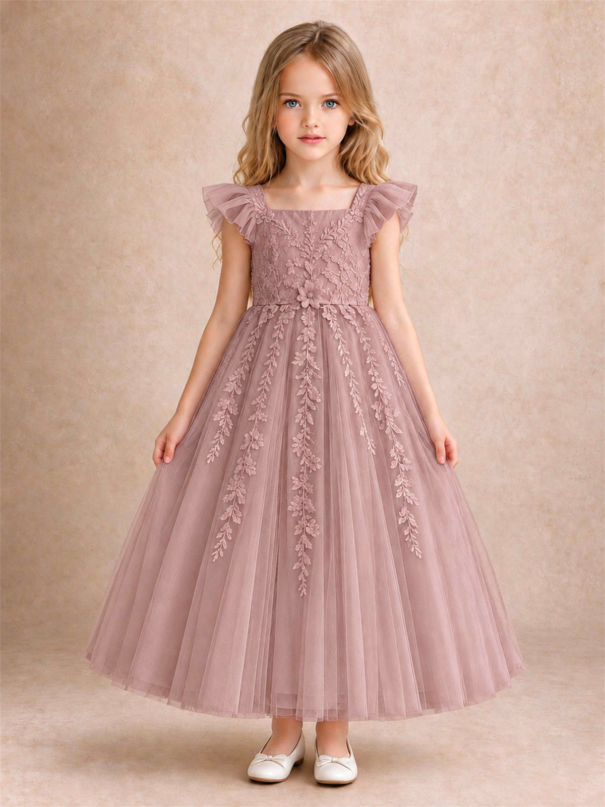 Girls Lace Tulle Flower Girl Dress Square Neck Ruffle Sleeve Princess Gown for Wedding First Communion
