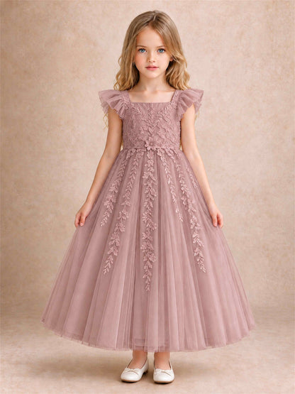 Girls Lace Tulle Flower Girl Dress Square Neck Ruffle Sleeve Princess Gown for Wedding First Communion