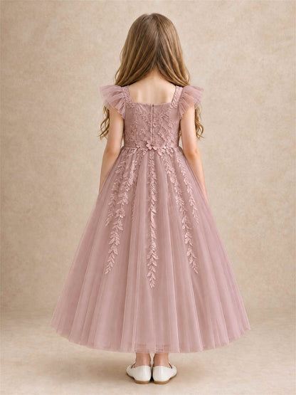 Girls Lace Tulle Flower Girl Dress Square Neck Ruffle Sleeve Princess Gown for Wedding First Communion