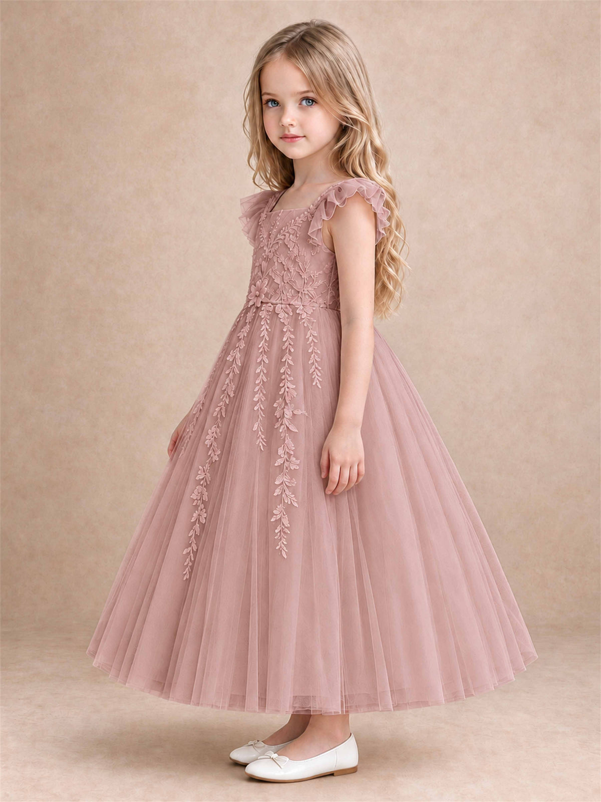 Girls Lace Tulle Flower Girl Dress Square Neck Ruffle Sleeve Princess Gown for Wedding First Communion