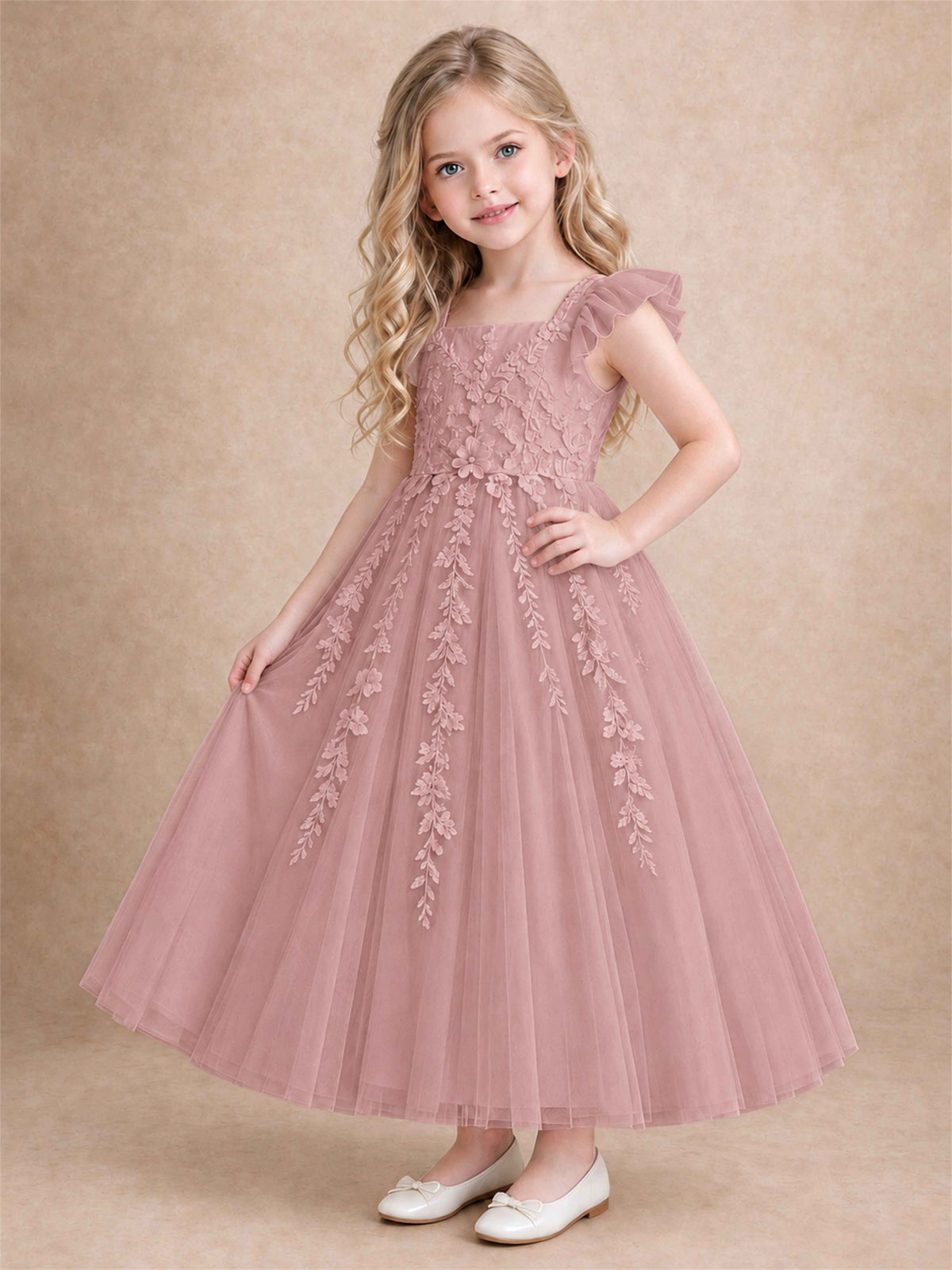 Girls Lace Tulle Flower Girl Dress Square Neck Ruffle Sleeve Princess Gown for Wedding First Communion