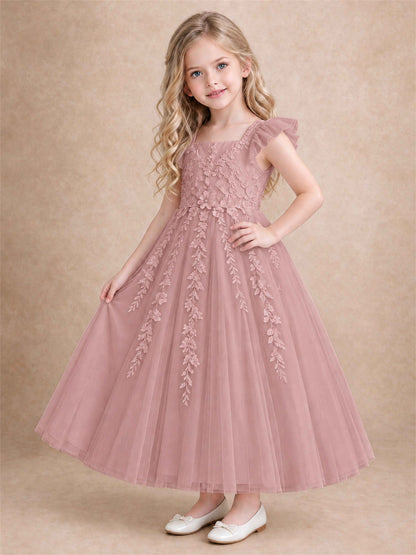 Girls Lace Tulle Flower Girl Dress Square Neck Ruffle Sleeve Princess Gown for Wedding First Communion