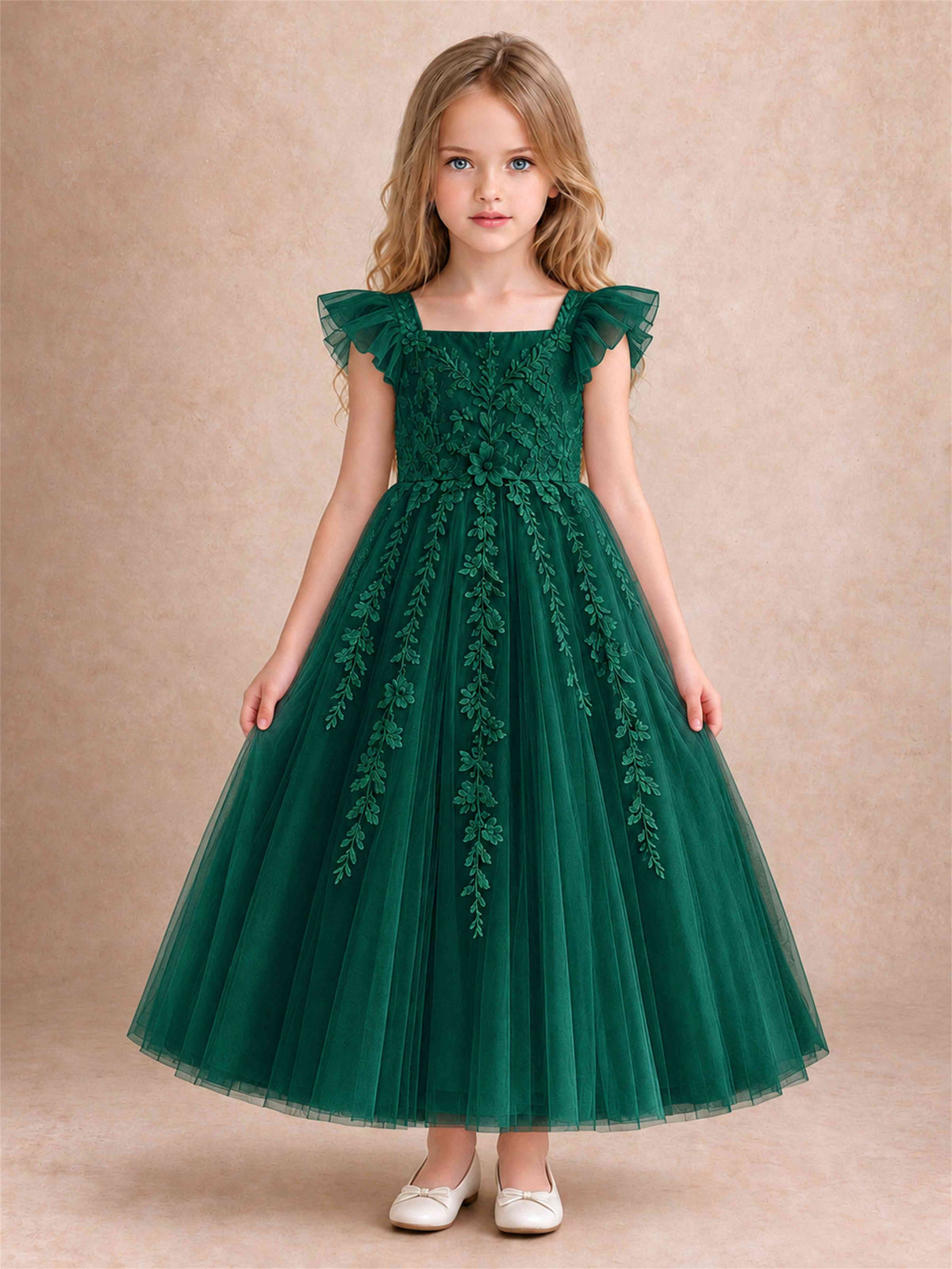 Girls Lace Tulle Flower Girl Dress Square Neck Ruffle Sleeve Princess Gown for Wedding First Communion