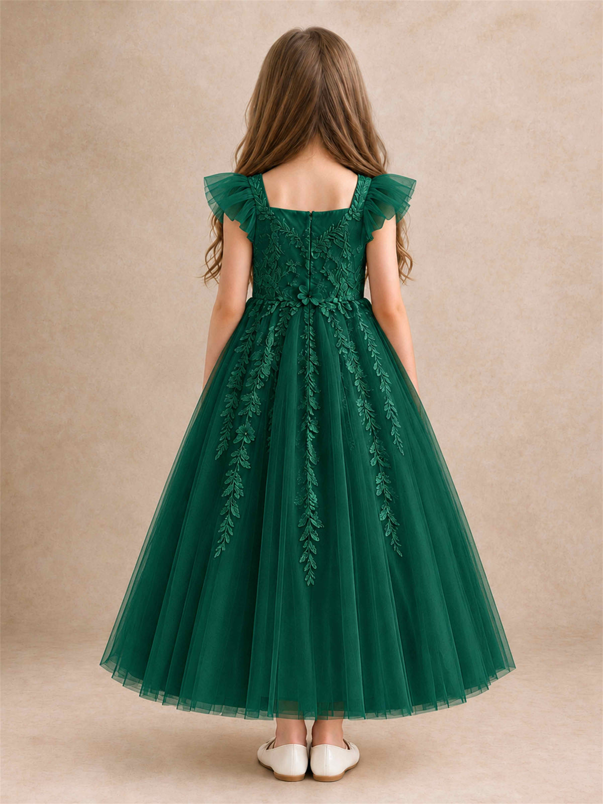 Girls Lace Tulle Flower Girl Dress Square Neck Ruffle Sleeve Princess Gown for Wedding First Communion