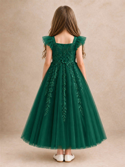 Girls Lace Tulle Flower Girl Dress Square Neck Ruffle Sleeve Princess Gown for Wedding First Communion