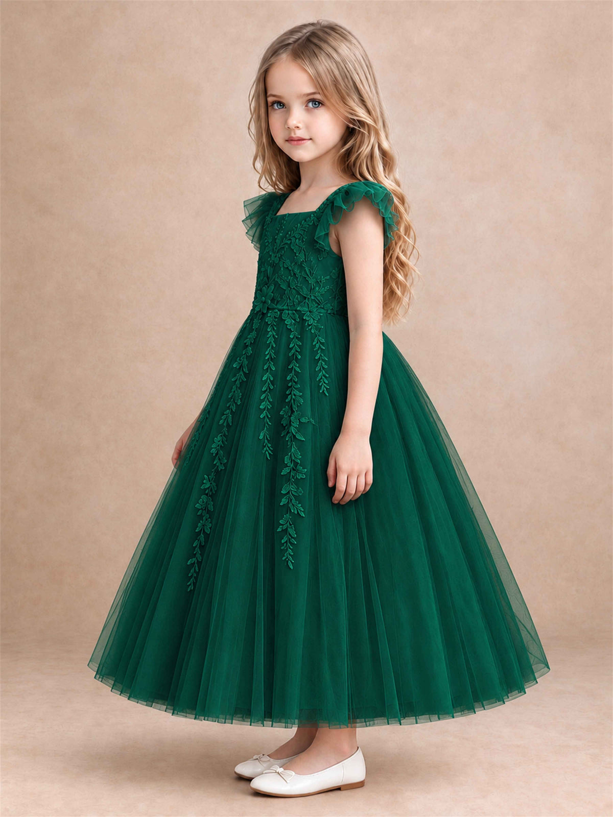 Girls Lace Tulle Flower Girl Dress Square Neck Ruffle Sleeve Princess Gown for Wedding First Communion