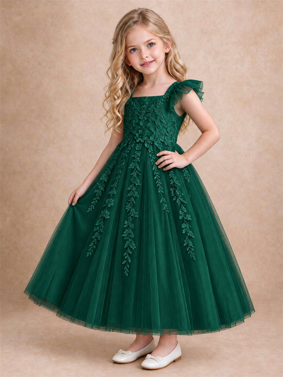 Girls Lace Tulle Flower Girl Dress Square Neck Ruffle Sleeve Princess Gown for Wedding First Communion