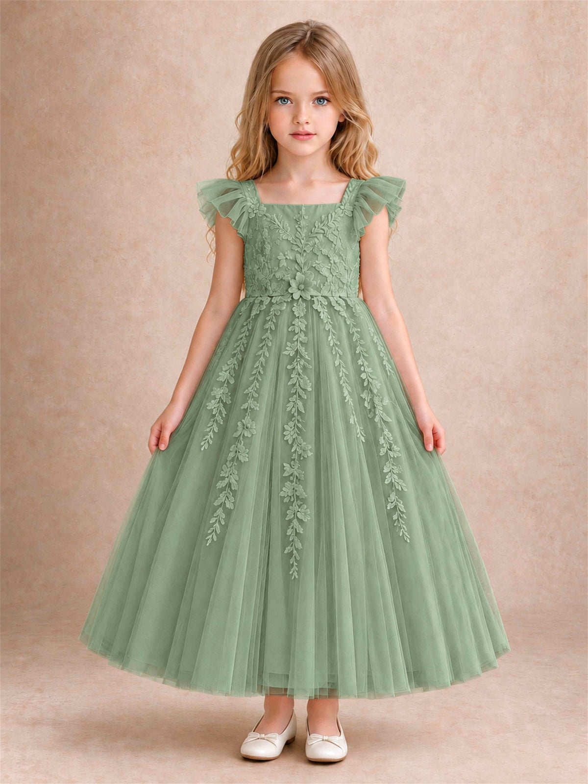 Girls Lace Tulle Flower Girl Dress Square Neck Ruffle Sleeve Princess Gown for Wedding First Communion