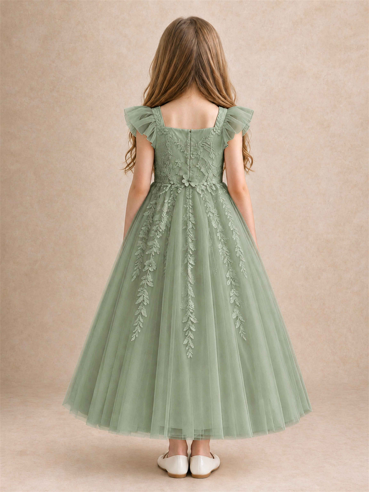 Girls Lace Tulle Flower Girl Dress Square Neck Ruffle Sleeve Princess Gown for Wedding First Communion