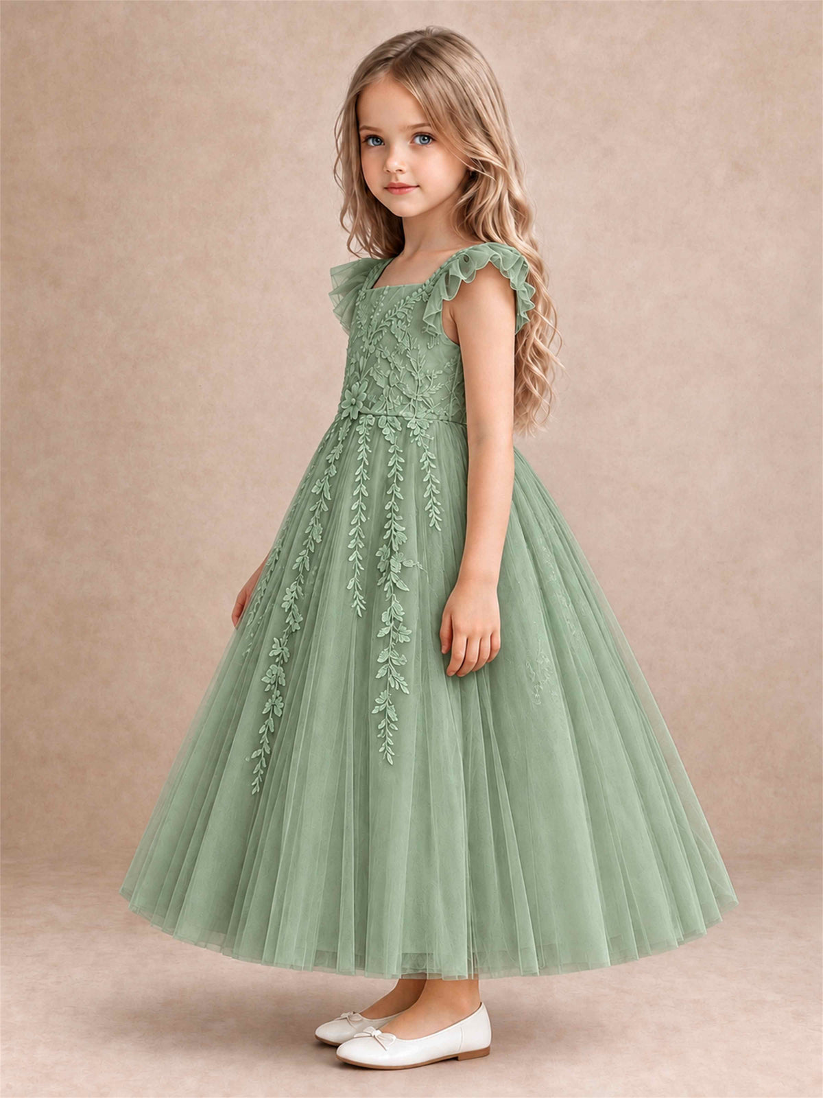 Girls Lace Tulle Flower Girl Dress Square Neck Ruffle Sleeve Princess Gown for Wedding First Communion