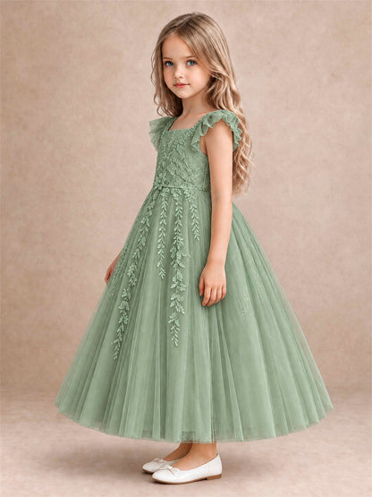 Girls Lace Tulle Flower Girl Dress Square Neck Ruffle Sleeve Princess Gown for Wedding First Communion