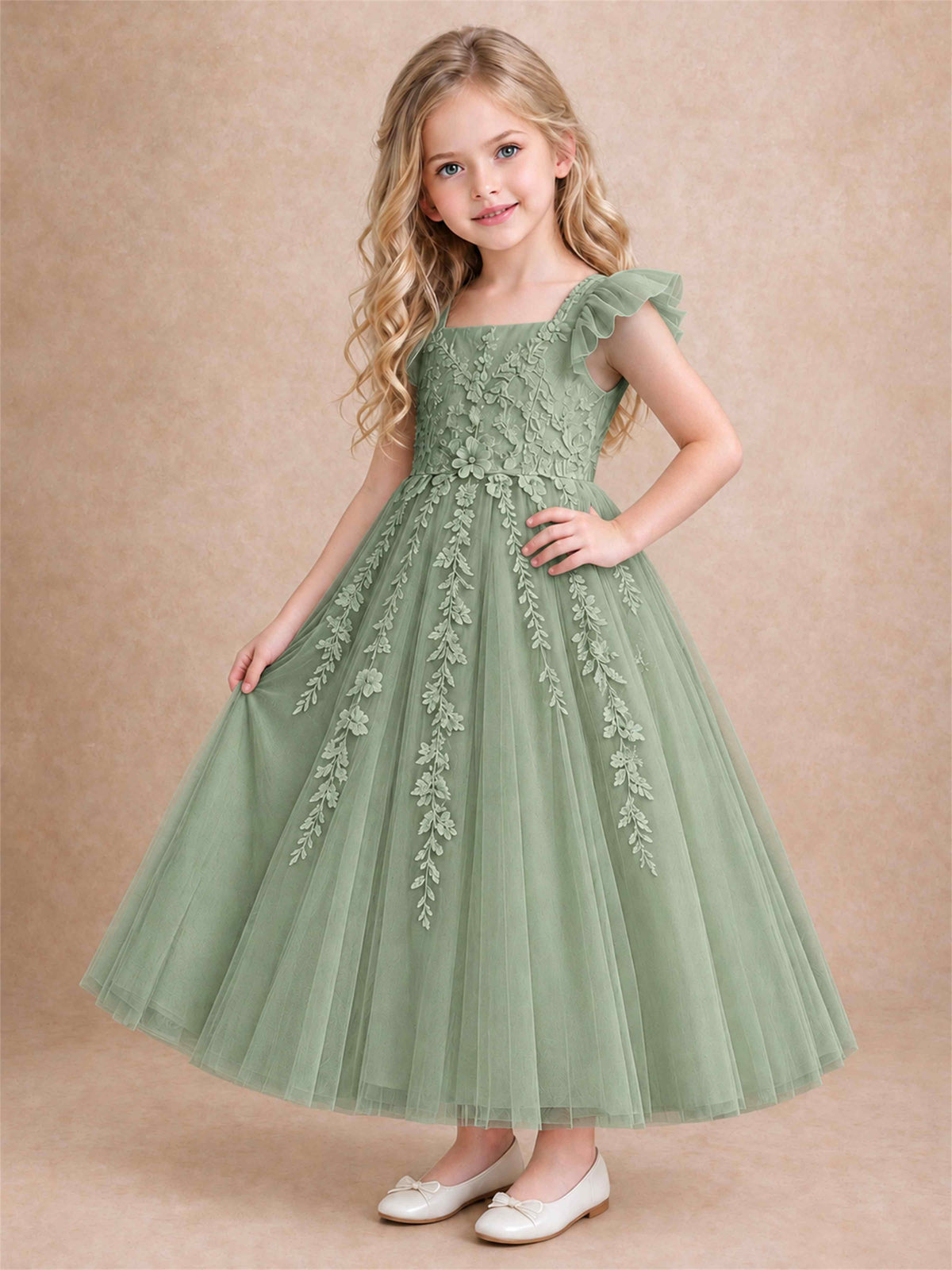 Girls Lace Tulle Flower Girl Dress Square Neck Ruffle Sleeve Princess Gown for Wedding First Communion