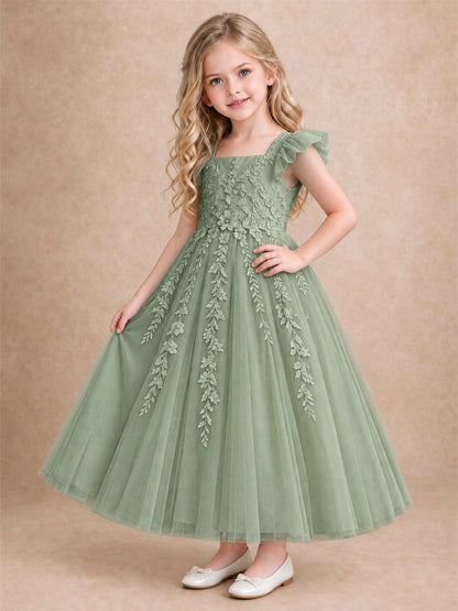 Girls Lace Tulle Flower Girl Dress Square Neck Ruffle Sleeve Princess Gown for Wedding First Communion