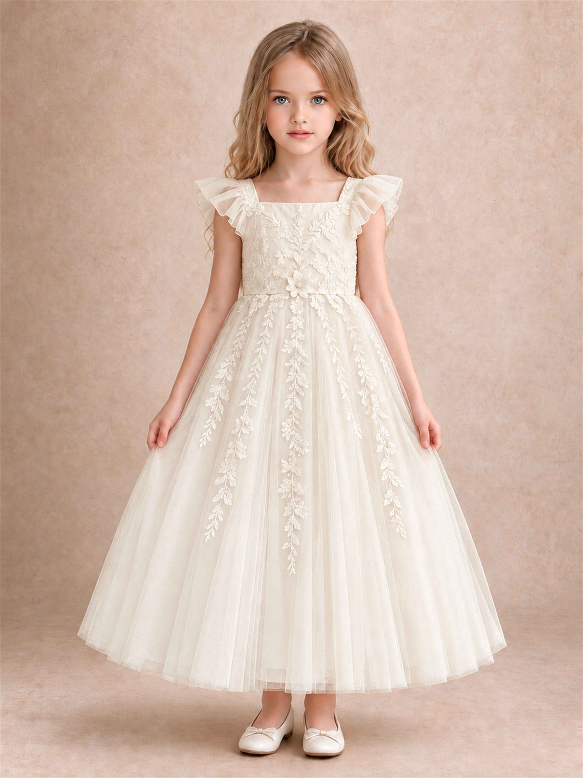 Girls Lace Tulle Flower Girl Dress Square Neck Ruffle Sleeve Princess Gown for Wedding First Communion