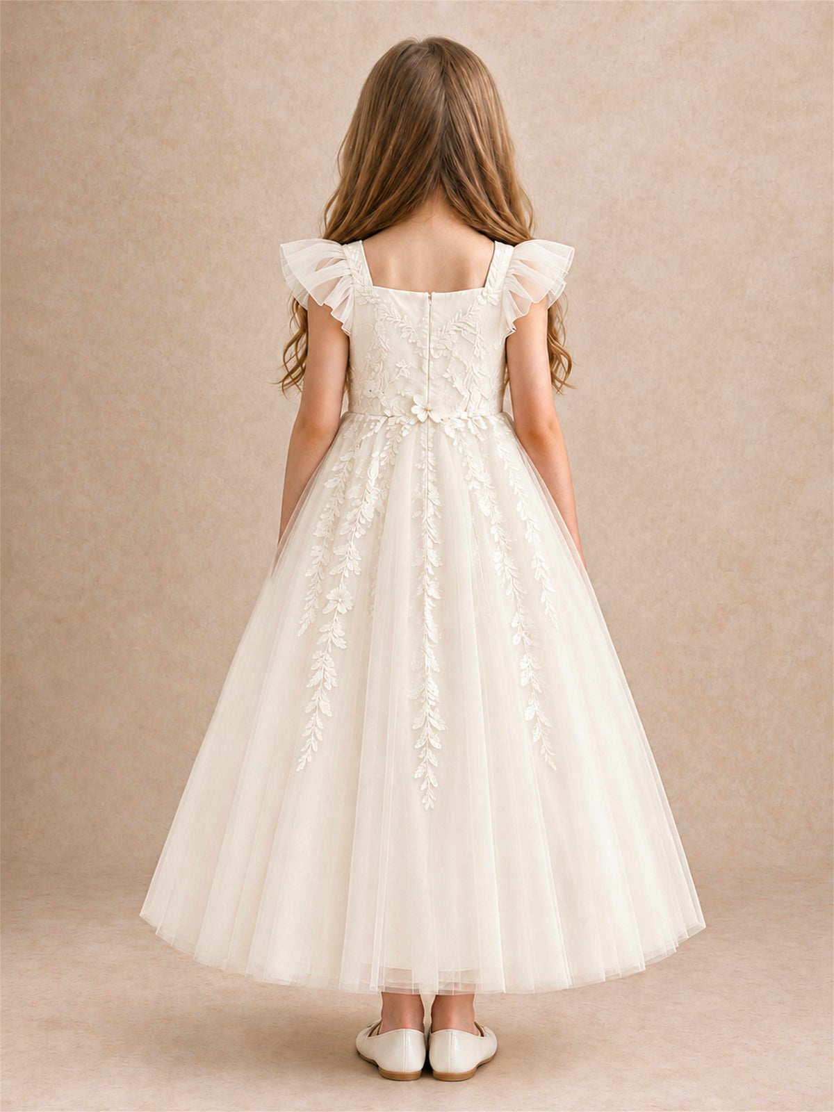 Girls Lace Tulle Flower Girl Dress Square Neck Ruffle Sleeve Princess Gown for Wedding First Communion