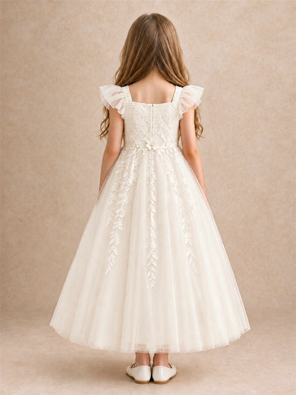 Girls Lace Tulle Flower Girl Dress Square Neck Ruffle Sleeve Princess Gown for Wedding First Communion