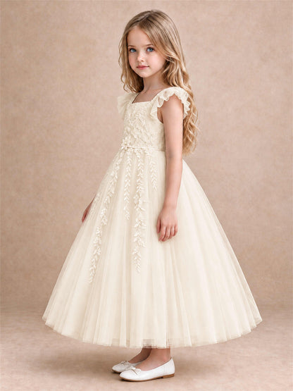 Girls Lace Tulle Flower Girl Dress Square Neck Ruffle Sleeve Princess Gown for Wedding First Communion