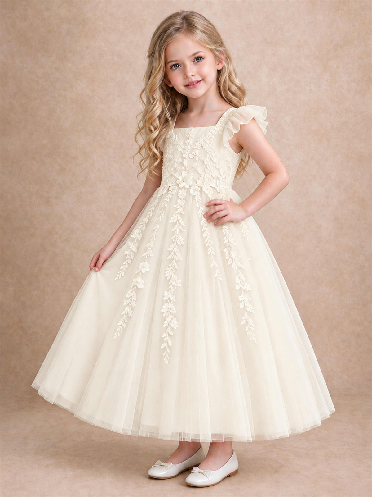 Girls Lace Tulle Flower Girl Dress Square Neck Ruffle Sleeve Princess Gown for Wedding First Communion