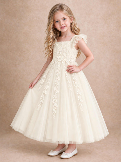 Girls Lace Tulle Flower Girl Dress Square Neck Ruffle Sleeve Princess Gown for Wedding First Communion