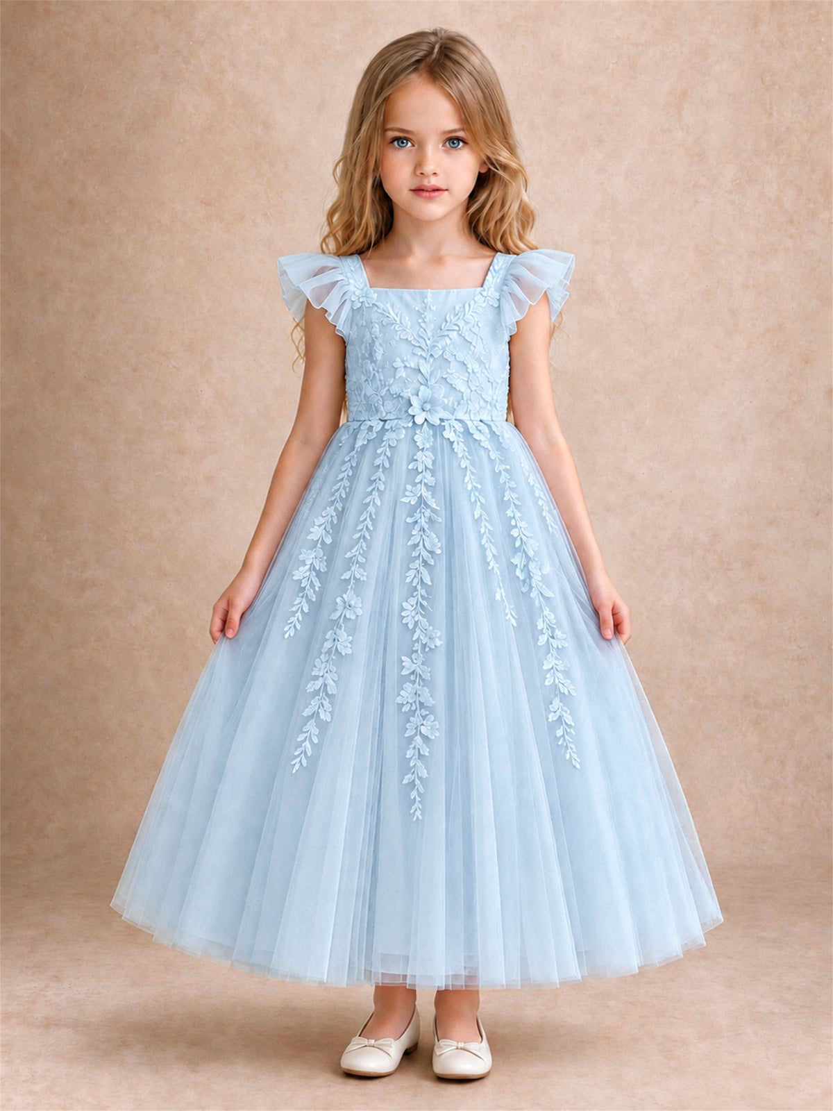 Girls Lace Tulle Flower Girl Dress Square Neck Ruffle Sleeve Princess Gown for Wedding First Communion