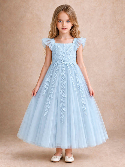 Girls Lace Tulle Flower Girl Dress Square Neck Ruffle Sleeve Princess Gown for Wedding First Communion