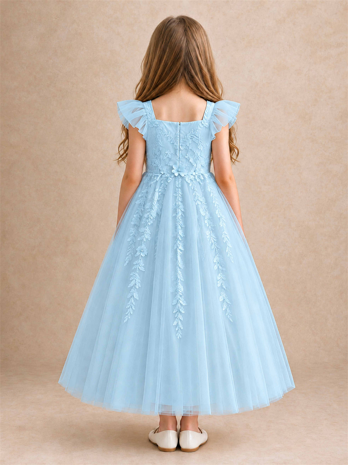 Girls Lace Tulle Flower Girl Dress Square Neck Ruffle Sleeve Princess Gown for Wedding First Communion