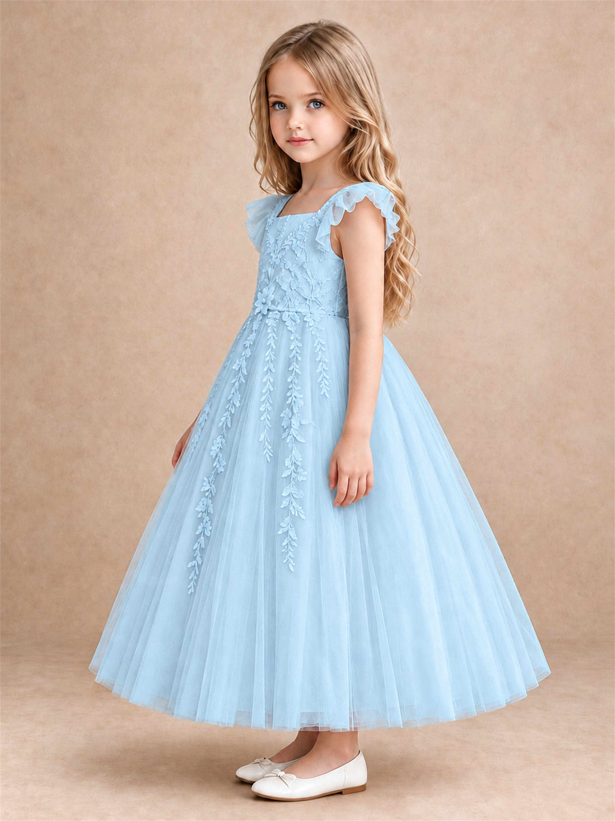 Girls Lace Tulle Flower Girl Dress Square Neck Ruffle Sleeve Princess Gown for Wedding First Communion