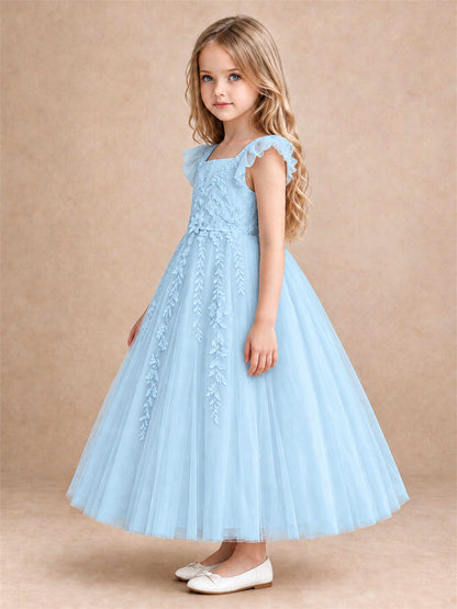 Girls Lace Tulle Flower Girl Dress Square Neck Ruffle Sleeve Princess Gown for Wedding First Communion