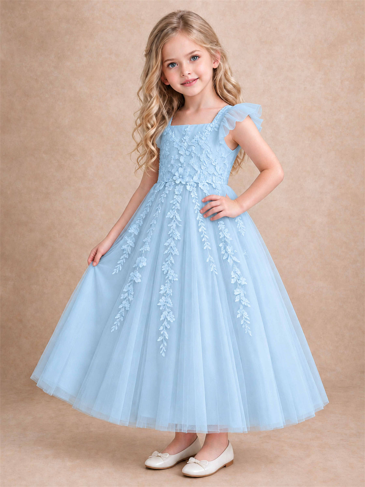 Girls Lace Tulle Flower Girl Dress Square Neck Ruffle Sleeve Princess Gown for Wedding First Communion