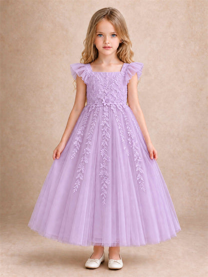 Girls Lace Tulle Flower Girl Dress Square Neck Ruffle Sleeve Princess Gown for Wedding First Communion