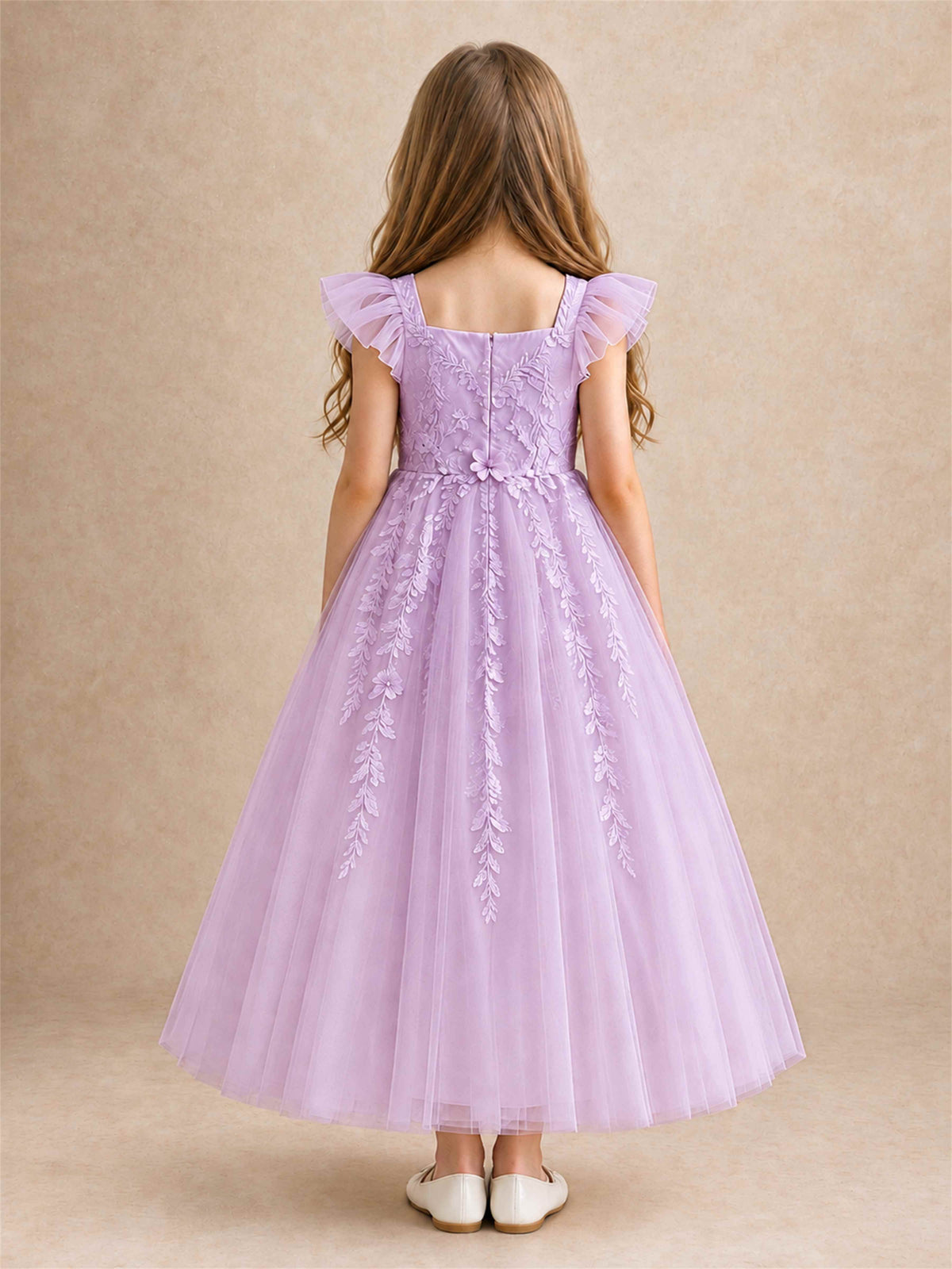 Girls Lace Tulle Flower Girl Dress Square Neck Ruffle Sleeve Princess Gown for Wedding First Communion