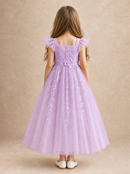 Girls Lace Tulle Flower Girl Dress Square Neck Ruffle Sleeve Princess Gown for Wedding First Communion